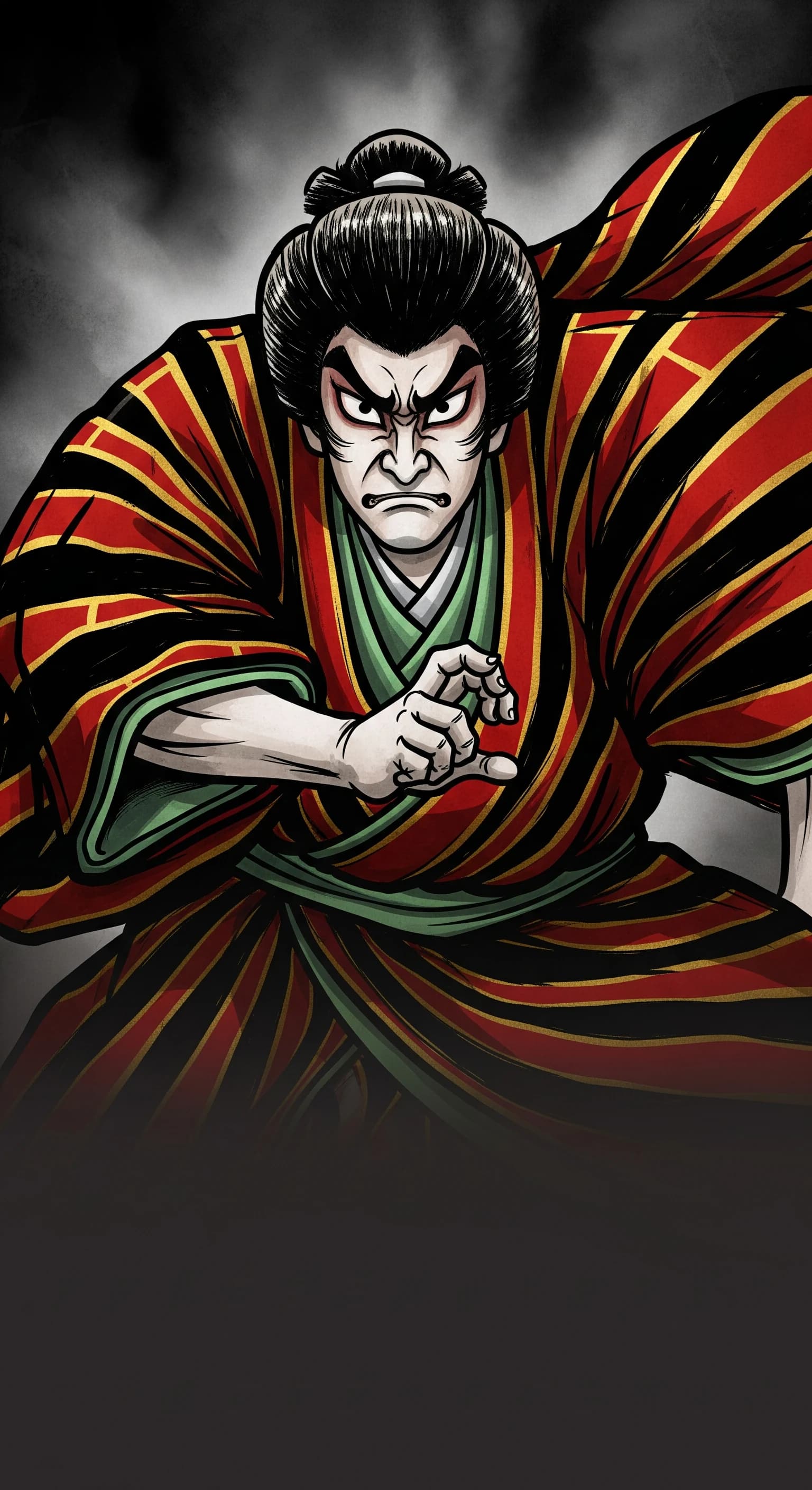 見得を切る劇画タッチの人物イラスト